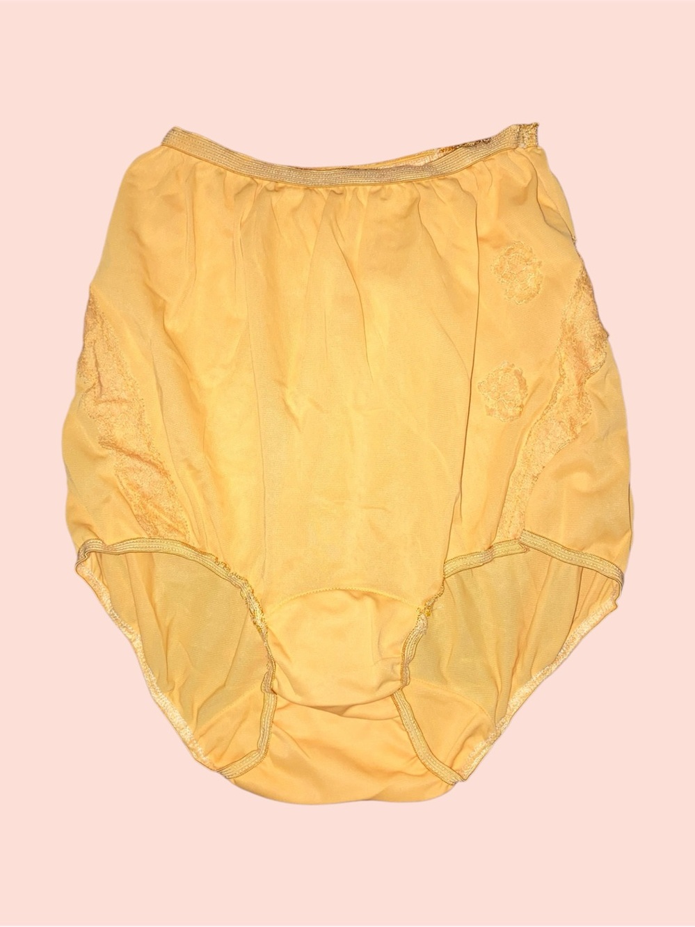 Vintage 70s 80s Yellow Nylon Lace High Waist Granny Panty